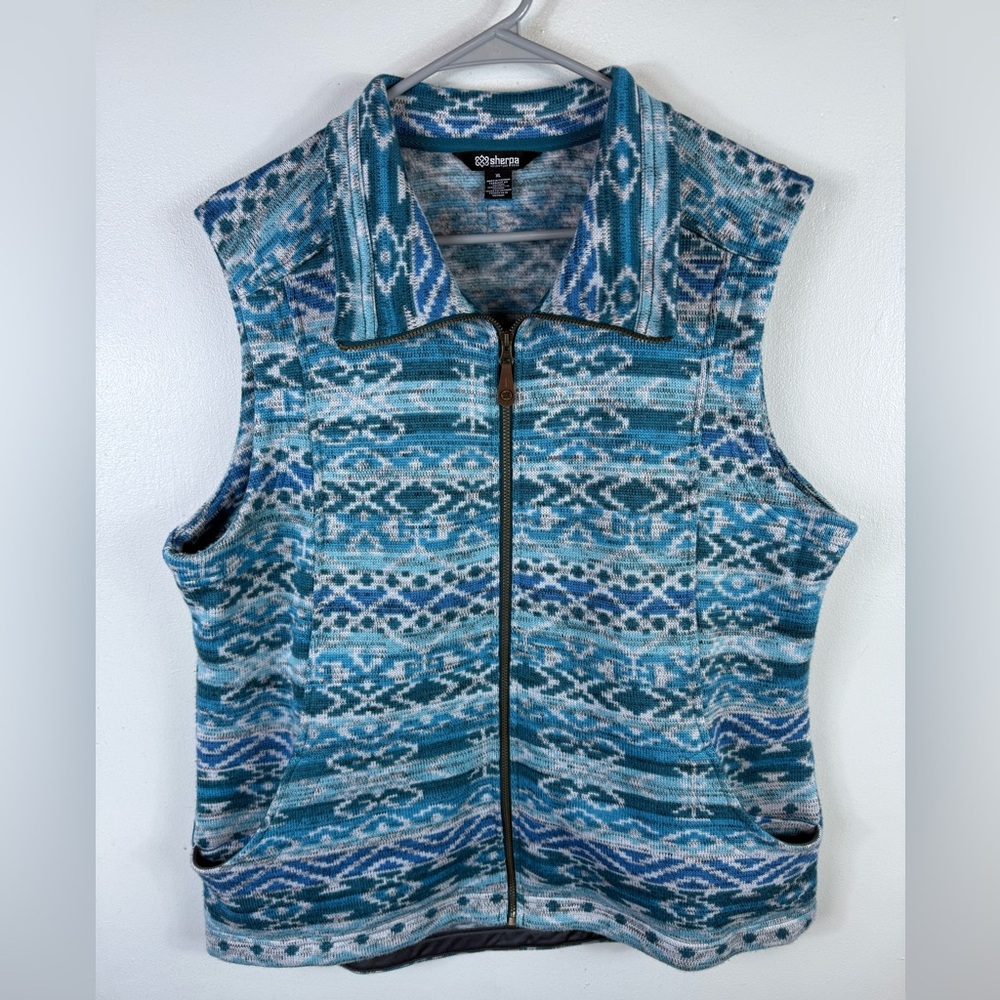Sherpa Adventure Gear Womens Vest Knit Full Zip‎ Blue Fair Isle Design Winter